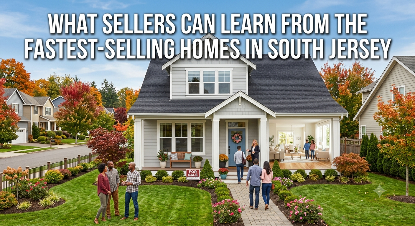 A beautifully presented South Jersey home with excellent curb appeal, bright interiors, and buyers touring the property, illustrating what sellers can learn from the fastest-selling homes in South Jersey, overlaid with the text: “What Sellers Can Learn From the Fastest-Selling Homes in South Jersey. 