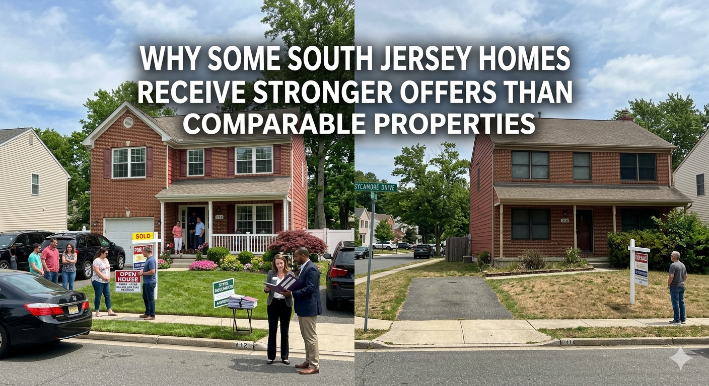  Two similar South Jersey homes side by side, with one attracting multiple offer documents and interested buyers while the other has little activity, illustrating why comparable properties can receive very different offers based on presentation, pricing, and buyer perception, overlaid with the text: “Why Some South Jersey Homes Receive Stronger Offers Than Comparable Properties.” 