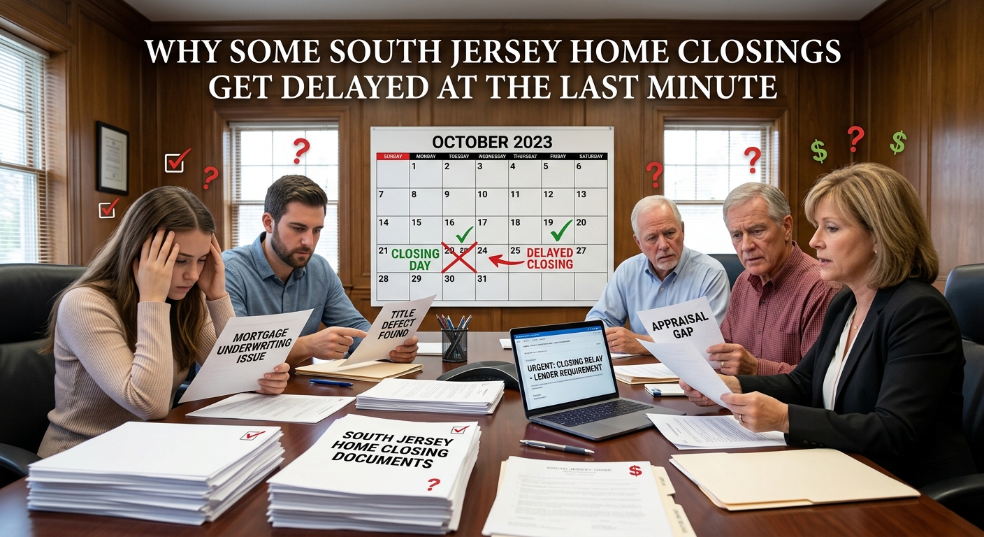 South Jersey home closing documents spread across a table with a calendar showing a delayed closing date, worried buyers and sellers reviewing paperwork, illustrating the common reasons real estate transactions can be delayed at the last minute, overlaid with the text: “Why Some South Jersey Home Closings Get Delayed at the Last Minute”