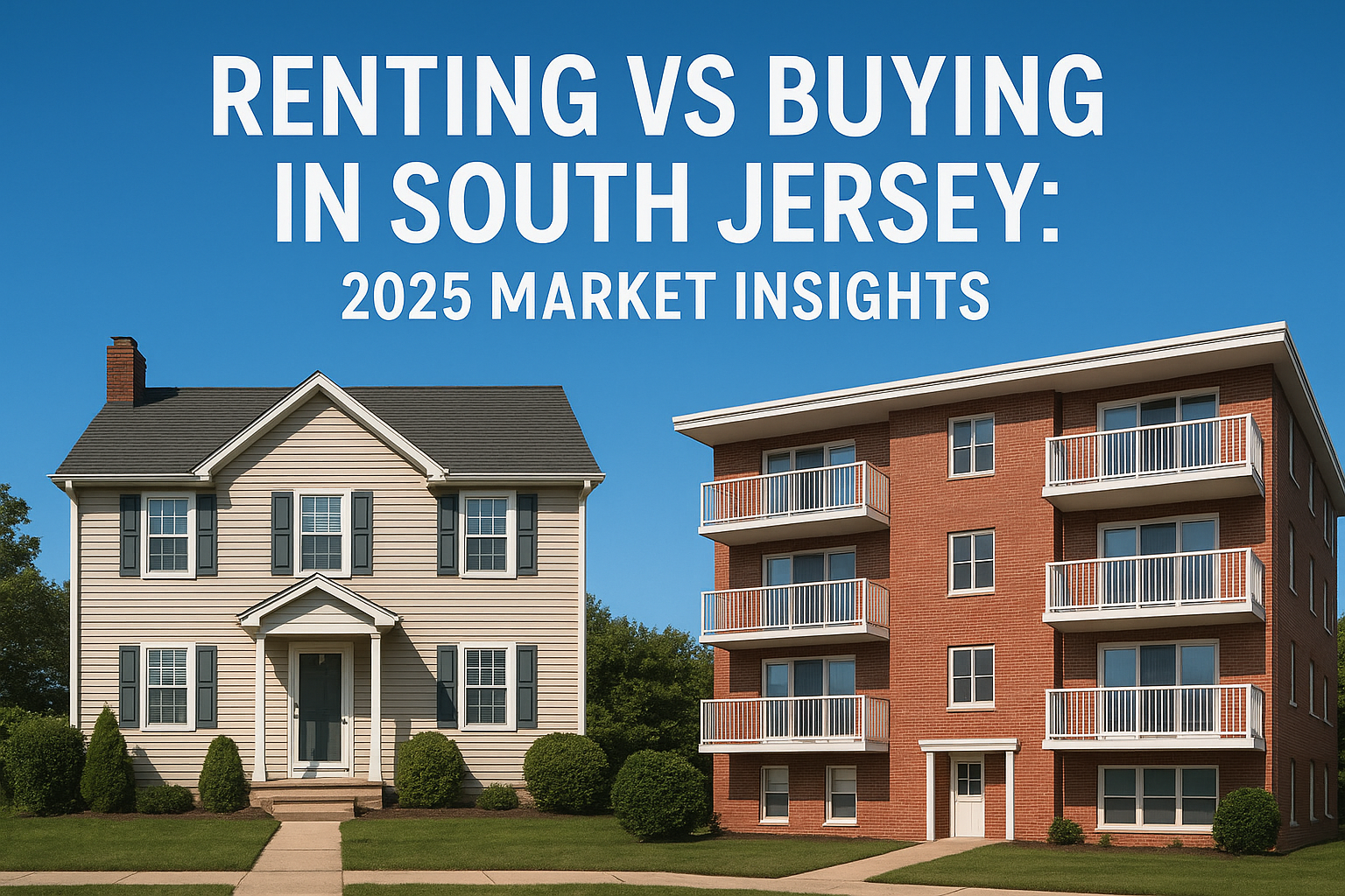 South Jersey suburban home and rental apartment building side by side set against a clear blue sky, overlaid with the text: “RENTING VS BUYING IN SOUTH JERSEY: 2025 MARKET INSIGHTS”