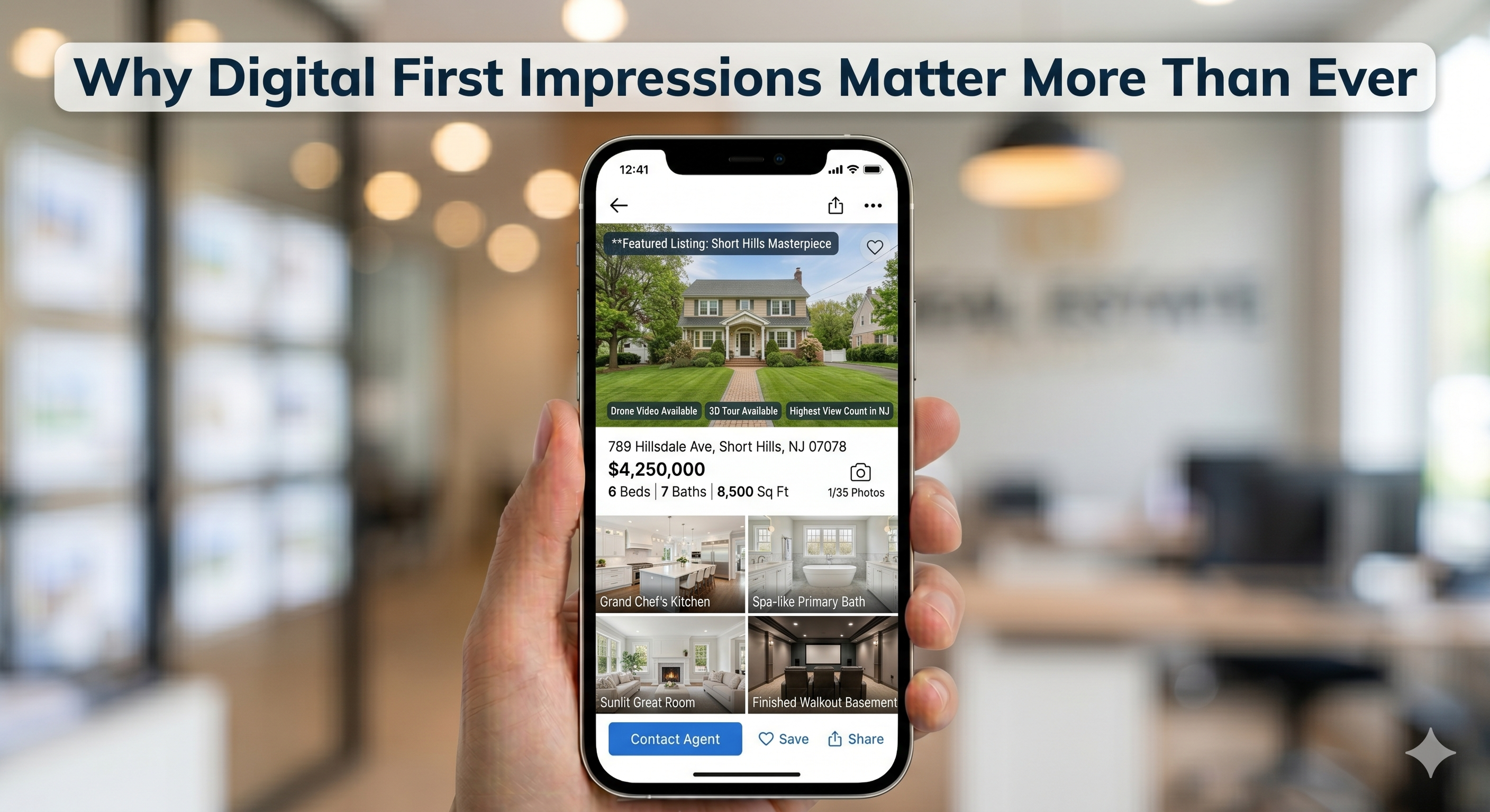 Smartphone displaying a high-end New Jersey home listing with bright, professionally shot interior and exterior images, illustrating strong digital first impression, overlaid with the text: “Why Digital First Impressions Matter More Than Ever”