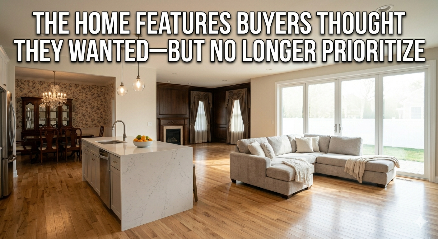 Modern South Jersey home interior showing open-concept living space with natural light and simple design, contrasted with outdated formal rooms in the background, illustrating shifting buyer preferences away from traditional features, overlaid with the text: “The Home Features Buyers Thought They Wanted—But No Longer Prioritize”