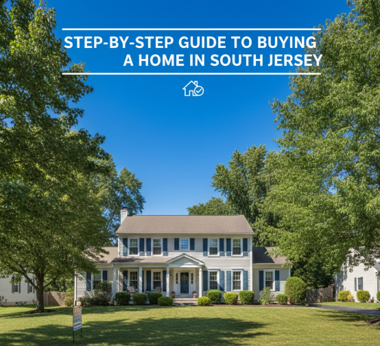 South Jersey suburban home with “For Sale” sign, tree-lined street, and set against a clear blue sky, overlaid with text: “STEP-BY-STEP GUIDE TO BUYING A HOME IN SOUTH JERSEY”