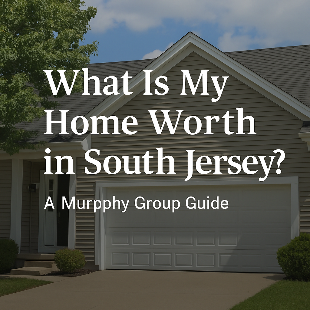 Beige suburban home in South Jersey with white trim under a bright blue sky, overlaid with text reading “What Is My Home Worth in South Jersey? A Murphy Group Guide.”