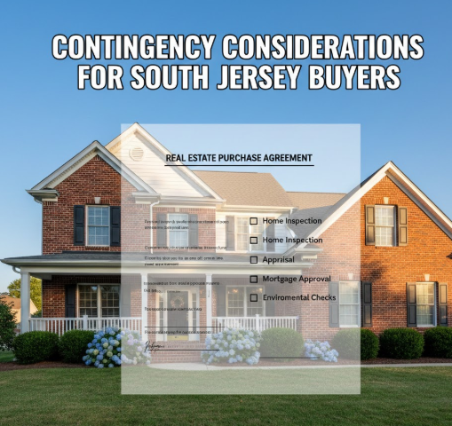 South Jersey home exterior with a contract and checklist overlay, set against a clear blue sky, overlaid with the text:“CONTINGENCY CONSIDERATIONS FOR SOUTH JERSEY BUYERS”