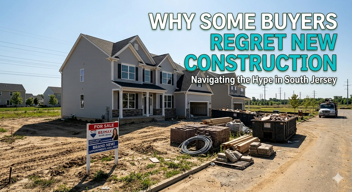 South Jersey new construction home with unfinished surroundings and construction materials nearby with Overlay Text: “WHY SOME BUYERS REGRET NEW CONSTRUCTION”