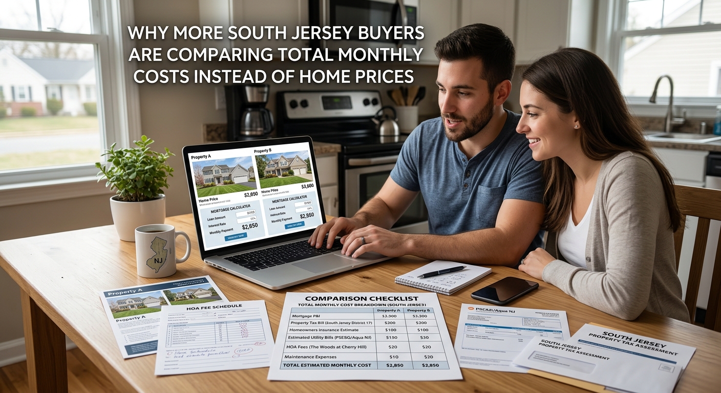 South Jersey homebuyers comparing two properties on a laptop with a mortgage calculator, property tax bill, homeowners insurance estimate, utility bills, HOA fees, and maintenance expenses, illustrating how buyers evaluate total monthly housing costs instead of focusing only on home prices, overlaid with the title: “Why More South Jersey Buyers Are Comparing Total Monthly Costs Instead of Home Prices.” 