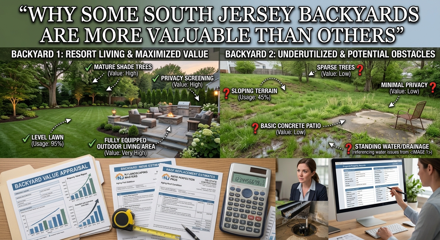 Beautiful South Jersey backyard with a level lawn, mature trees, privacy landscaping, patio, and outdoor living area contrasted with a less usable backyard,overlaid with the text: “Why Some South Jersey Backyards Are More Valuable Than Others”