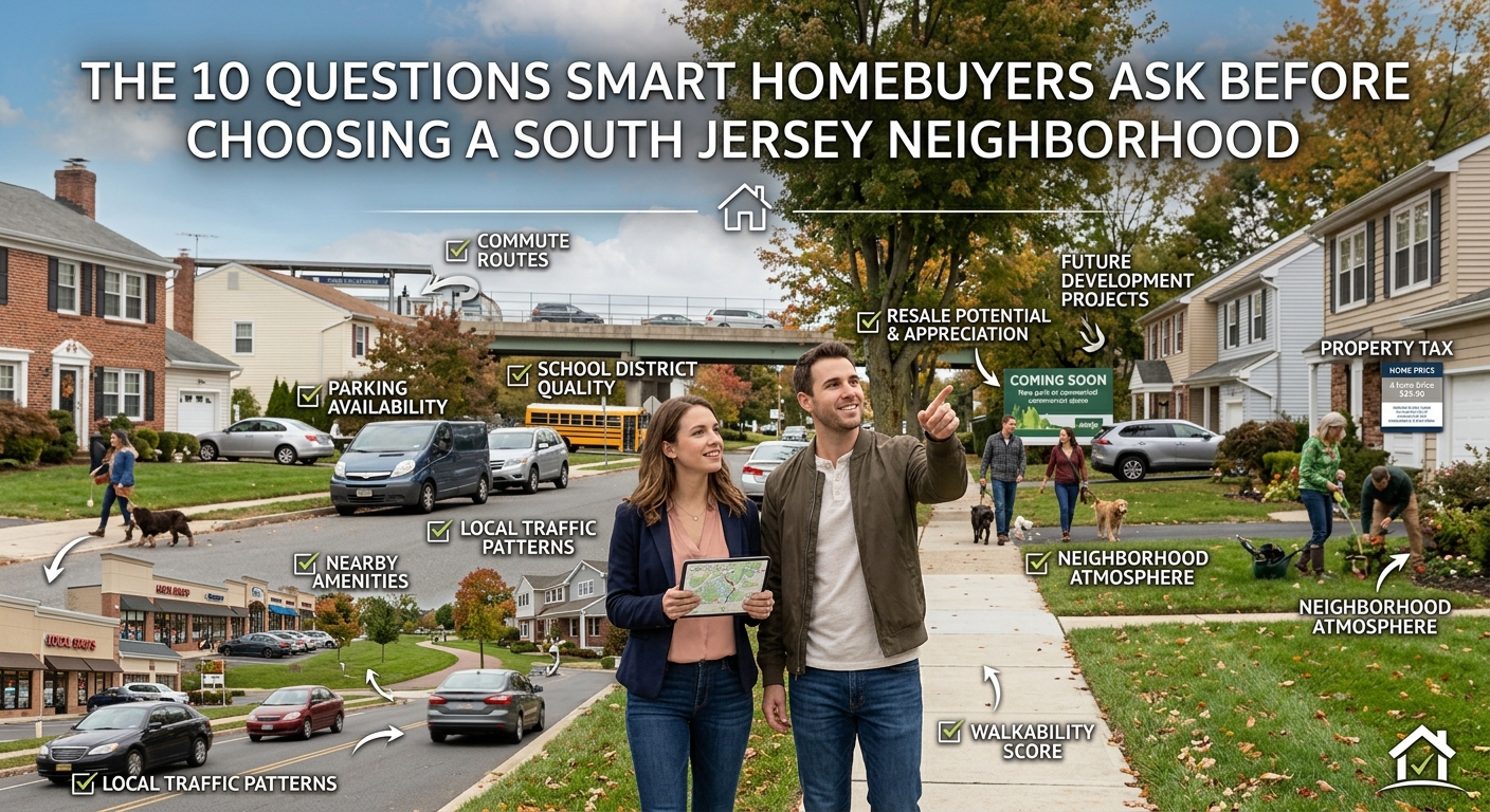 South Jersey homebuyers exploring a neighborhood while evaluating commute routes, parking, schools, nearby amenities, traffic, future development, and resale potential, illustrating the 10 questions smart homebuyers ask before choosing a South Jersey neighborhood, overlaid with the text: “The 10 Questions Smart Homebuyers Ask Before Choosing a South Jersey Neighborhood” 