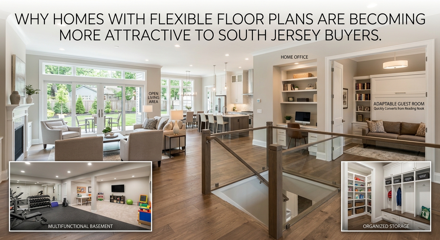 South Jersey home interior showcasing a flexible floor plan with an open living area, home office, adaptable guest room, multifunctional basement, and organized storage, illustrating how versatile spaces can accommodate work, family, hobbies, guests, and changing lifestyles, overlaid with the title: “Why Homes With Flexible Floor Plans Are Becoming More Attractive to South Jersey Buyers.” 