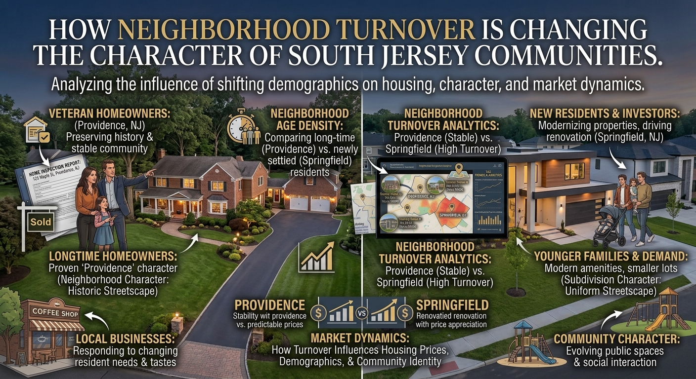  Established South Jersey neighborhood showing a mix of longtime homeowners, newly renovated properties, younger families, mature trees, and local businesses, illustrating how changing residents can influence housing, community character, and buyer demand, overlaid with the title: “How Neighborhood Turnover Is Changing the Character of South Jersey Communities.” 