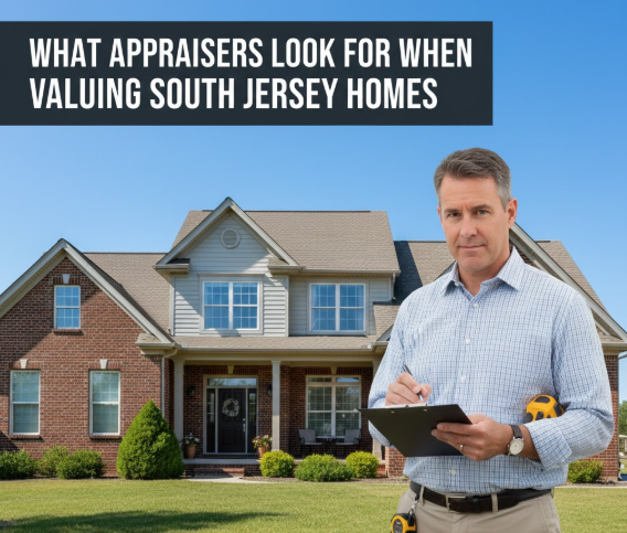 South Jersey home with an appraiser taking notes on a clipboard and measuring tools, set against a clear blue sky, overlaid with the text : “WHAT APPRAISERS LOOK FOR WHEN VALUING SOUTH JERSEY HOMES”