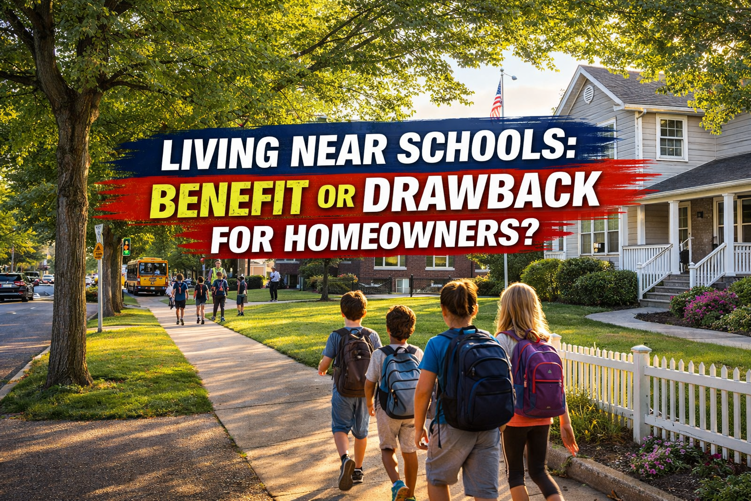 South Jersey home near a local school with children walking on a tree-lined street, illustrating family-friendly neighborhoods and school proximity with Overlay Text: “LIVING NEAR SCHOOLS: BENEFIT OR DRAWBACK FOR HOMEOWNERS?”