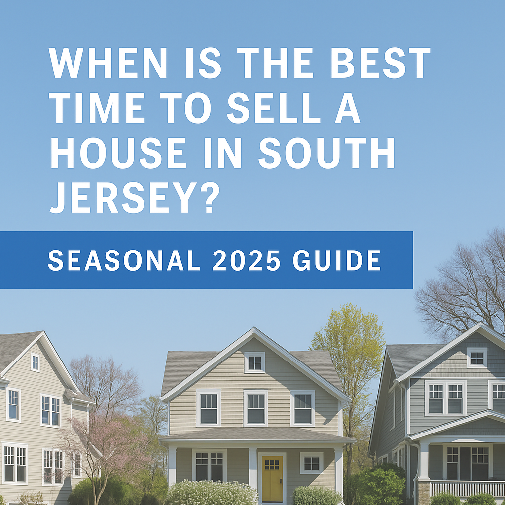 Springtime South Jersey neighborhood with blooming trees and sunny skies, overlaid text reading “When Is the Best Time to Sell a House in South Jersey? Seasonal 2025 Guide,” featuring The Murphy Group branding.