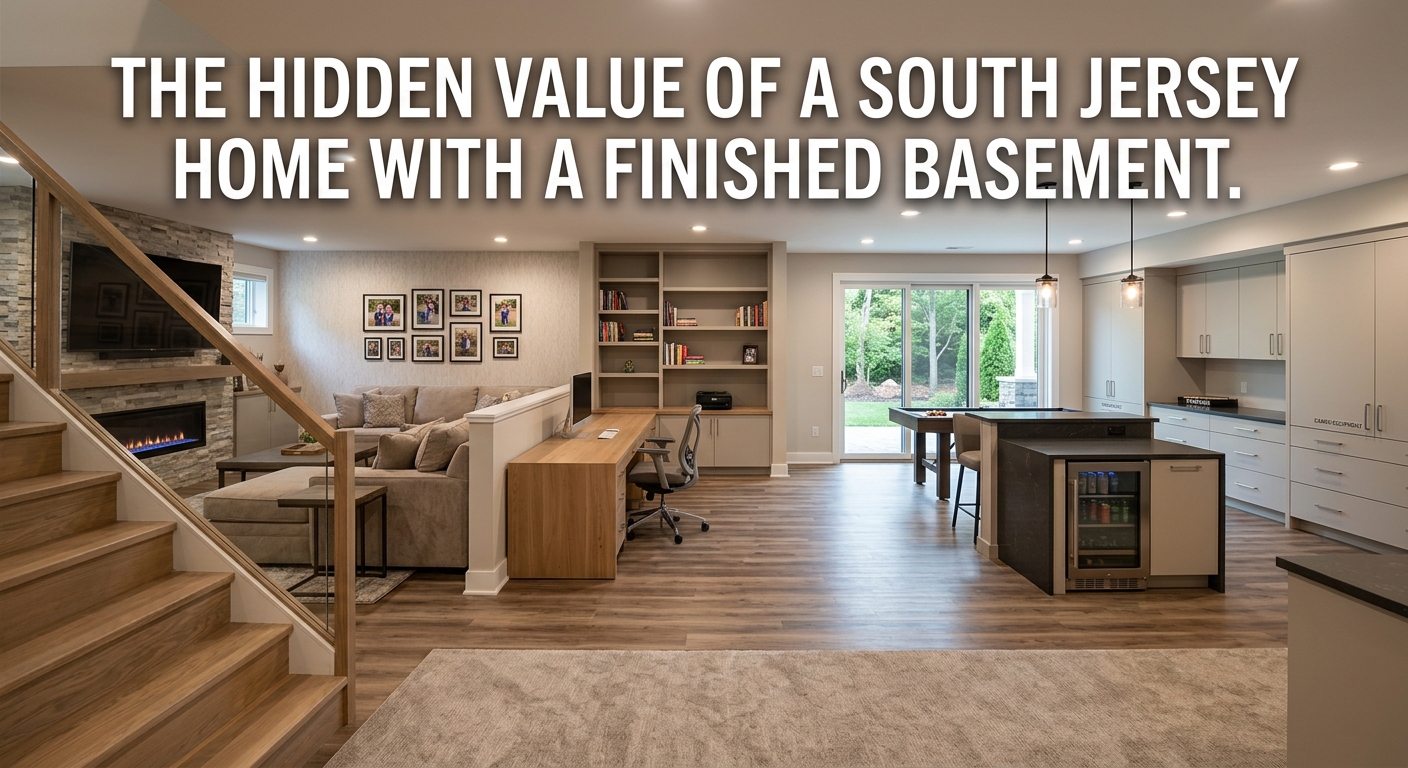 South Jersey home with a beautifully finished basement featuring a comfortable family room, home office, entertainment area, organized storage, recessed lighting, and access to the main living areas, illustrating how flexible lower-level space can add functionality and buyer appeal, overlaid with the title: “The Hidden Value of a South Jersey Home With a Finished Basement.”