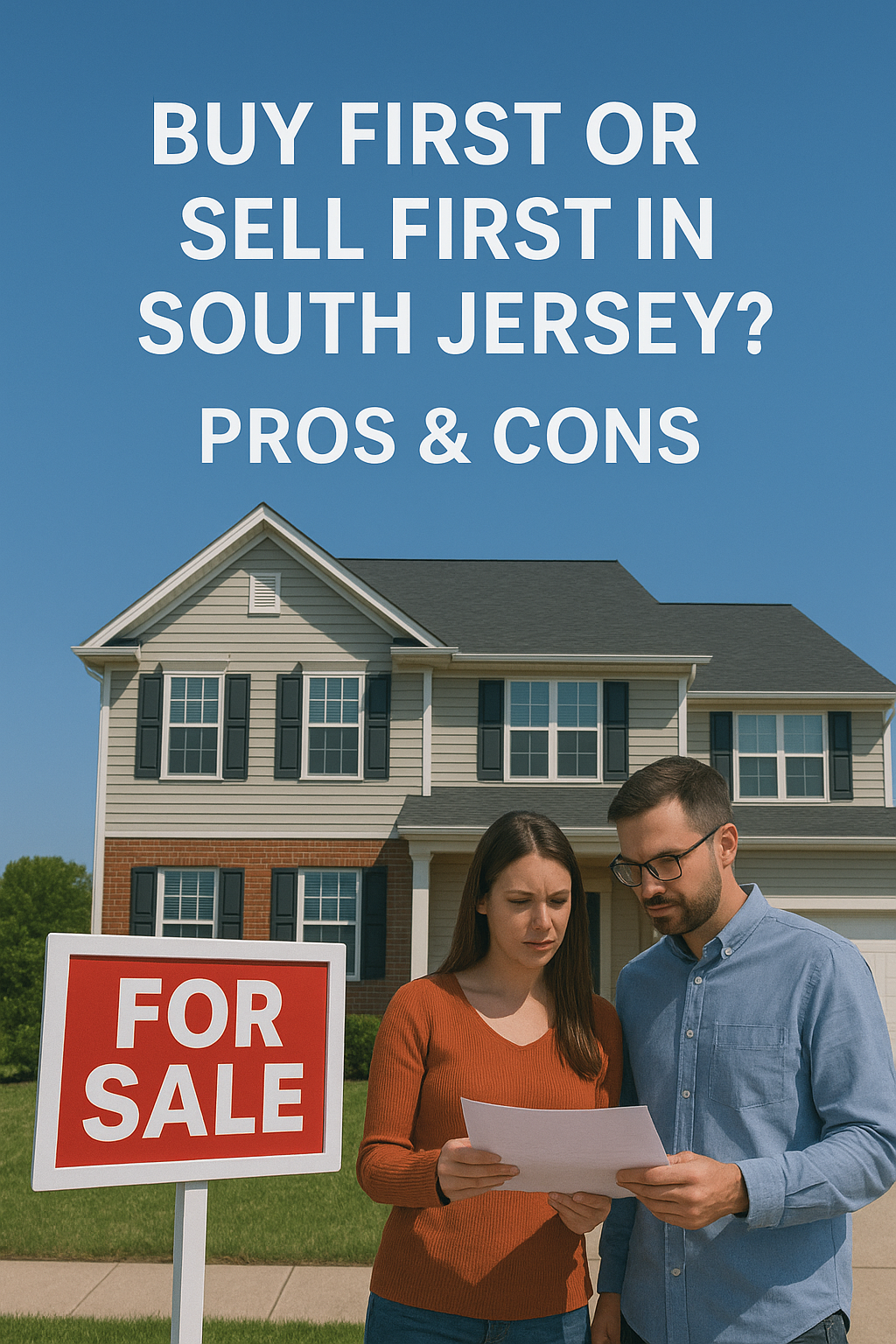 South Jersey suburban home with a “For Sale” sign and couple reviewing documents, set against a clear blue sky, overlaid with the text overlaid with text: “BUY FIRST OR SELL FIRST IN SOUTH JERSEY? PROS & CONS”