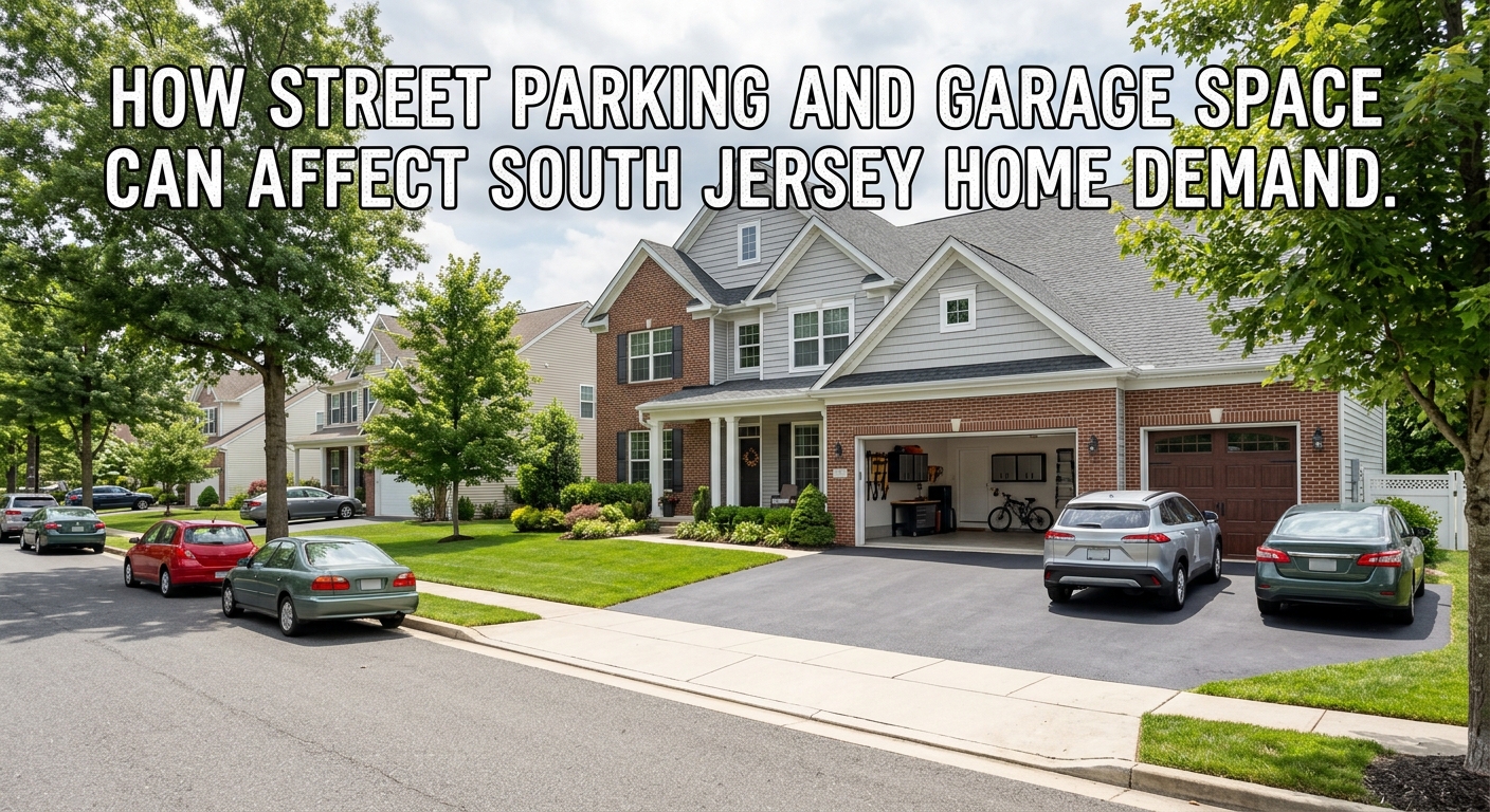 South Jersey suburban home showing a two-car garage, wide driveway, multiple parked vehicles, and nearby street parking, illustrating how garage availability, parking capacity, storage, convenience, and neighborhood parking conditions can influence homebuyer demand, overlaid with the title: “How Street Parking and Garage Space Can Affect South Jersey Home Demand.”
