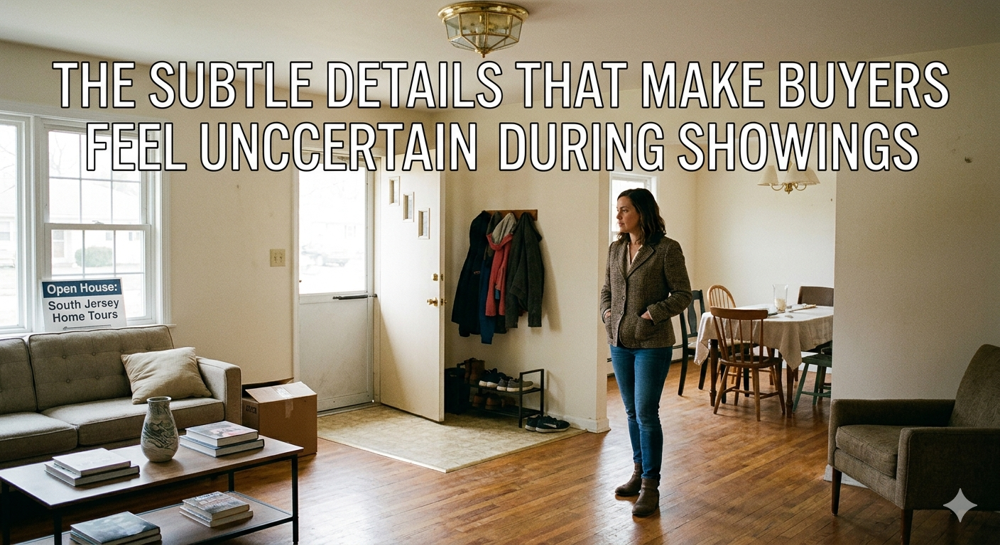 South Jersey home interior during a showing with subtle lighting inconsistencies, partially staged rooms, and a buyer pausing in the entryway, illustrating small details that create uncertainty during home tours, overlaid with the text: “The Subtle Details That Make Buyers Feel Uncertain During Showings” 