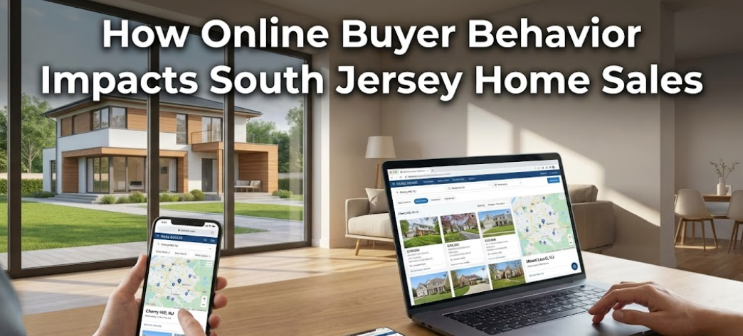 Modern South Jersey home with laptop and smartphone showing real estate listings, illustrating online buyer engagement overlaid with text:  How Online Buyer Behavior Impacts South Jersey Home Sales