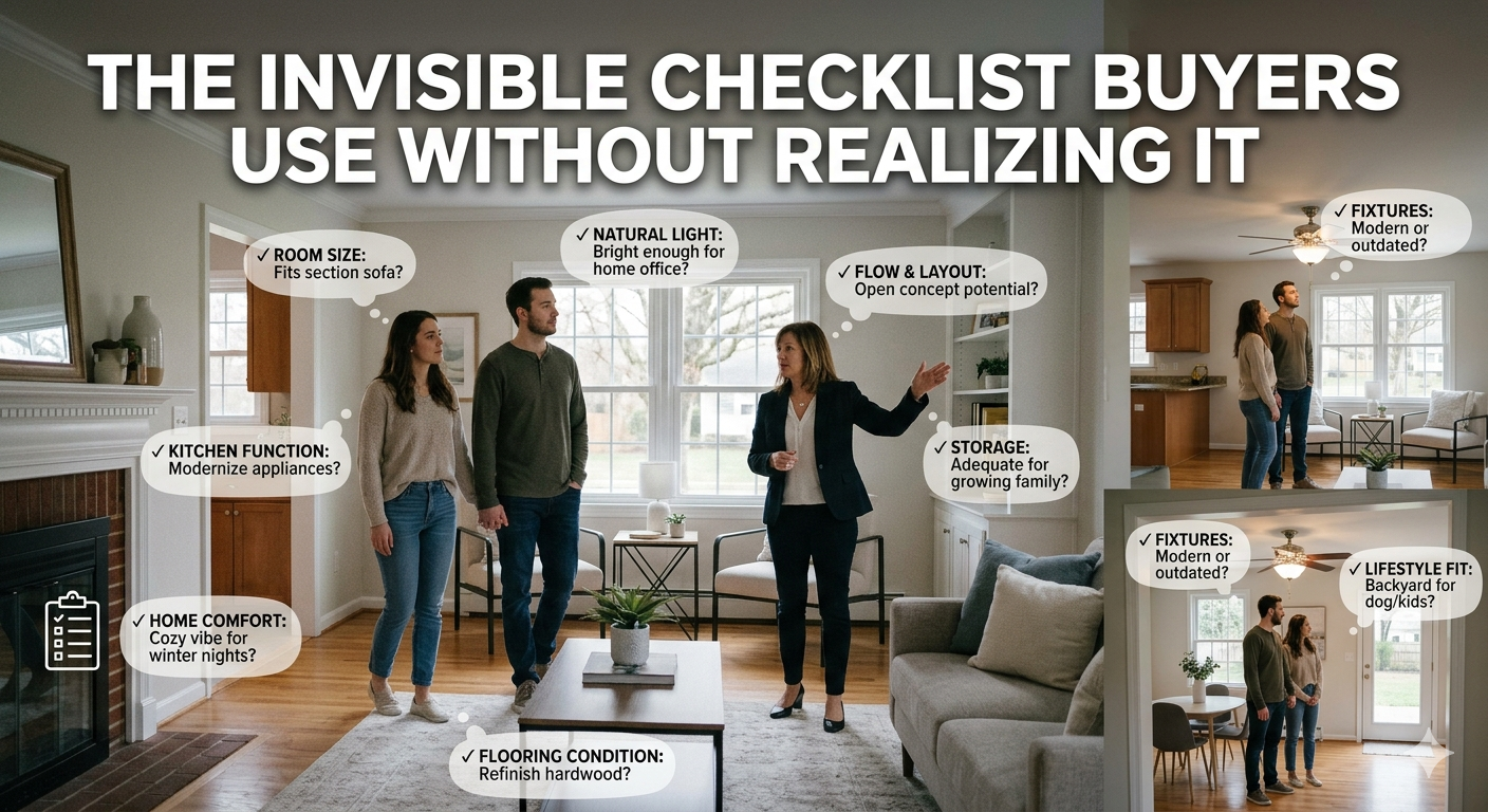 South Jersey home showing with buyers walking through rooms while mentally evaluating comfort, layout, and lifestyle fit, illustrating the invisible checklist buyers use when deciding on a property, overlaid with the text: “The Invisible Checklist Buyers Use Without Realizing It”