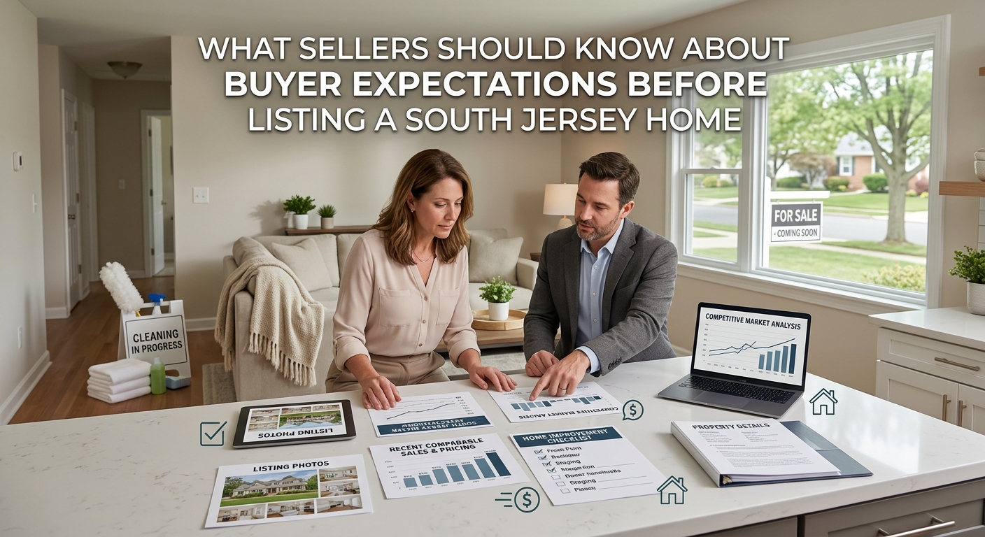 South Jersey homeowner preparing a property for sale while reviewing buyer expectations, listing photos, pricing information, home improvements, and property details, illustrating what sellers should know before listing, overlaid with the text: “What Sellers Should Know About Buyer Expectations Before Listing a South Jersey Home” 