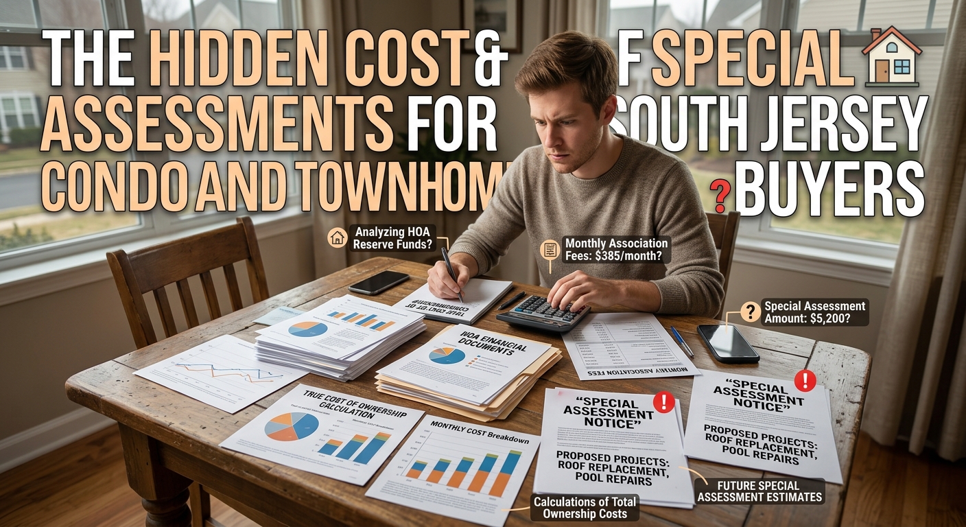  South Jersey condo and townhome buyer reviewing HOA financial documents, monthly association fees, and a special assessment notice while calculating the true cost of ownership, overlaid with the text: “The Hidden Cost of Special Assessments for South Jersey Condo and Townhome Buyers” 