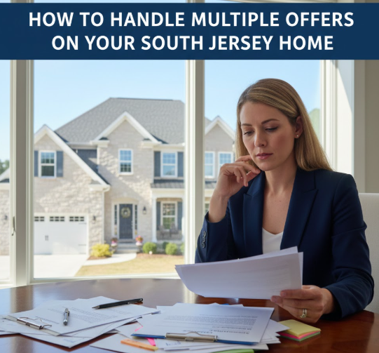 South Jersey home with multiple offer letters and agent reviewing them,set against a clear blue sky, overlaid with the text“HOW TO HANDLE MULTIPLE OFFERS ON YOUR SOUTH JERSEY HOME”
