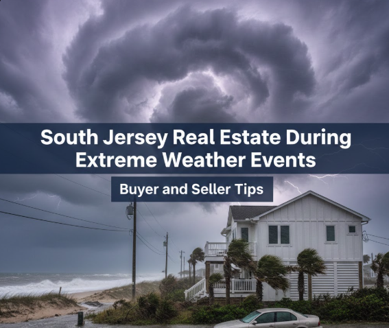 South Jersey home during an extreme weather event with storm clouds overhead, highlighting climate-aware real estate considerations with overlaid text: South Jersey Real Estate During Extreme Weather Events: Buyer and Seller Tips