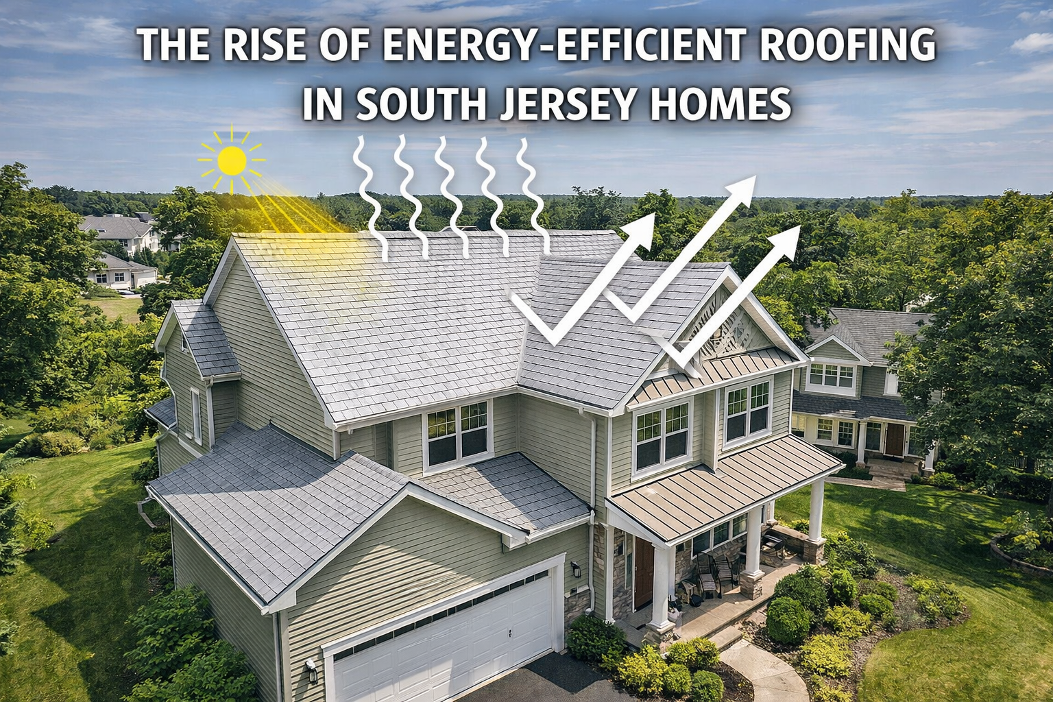 South Jersey home featuring energy-efficient roofing with reflective shingles and modern design, highlighting reduced heat absorption and sustainability with Overlay Text: “THE RISE OF ENERGY-EFFICIENT ROOFING IN SOUTH JERSEY HOMES”