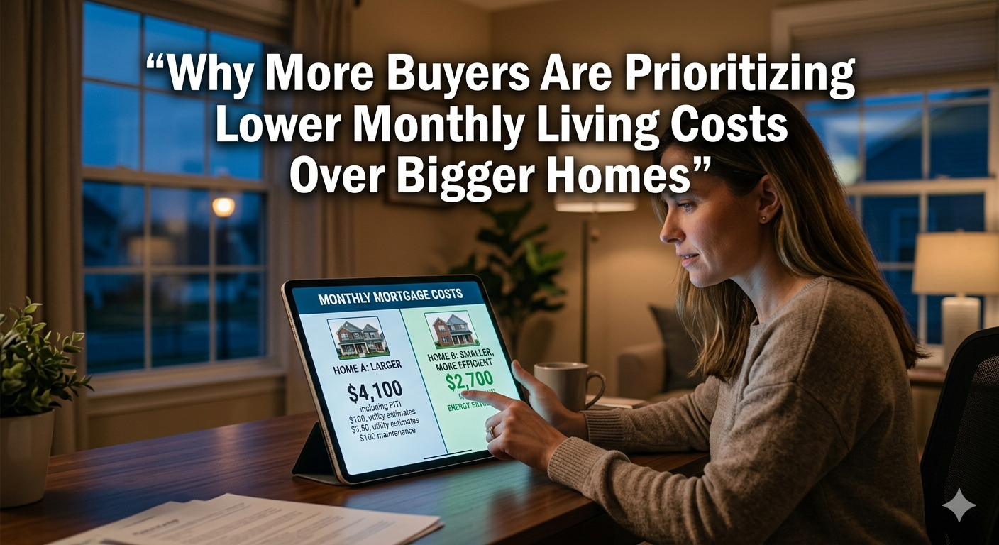  South Jersey homebuyer reviewing monthly mortgage costs on a tablet while comparing a larger home and a smaller, more efficient home, illustrating the shift toward prioritizing lower monthly living costs over bigger homes, overlaid with the text: “Why More Buyers Are Prioritizing Lower Monthly Living Costs Over Bigger Homes” 
