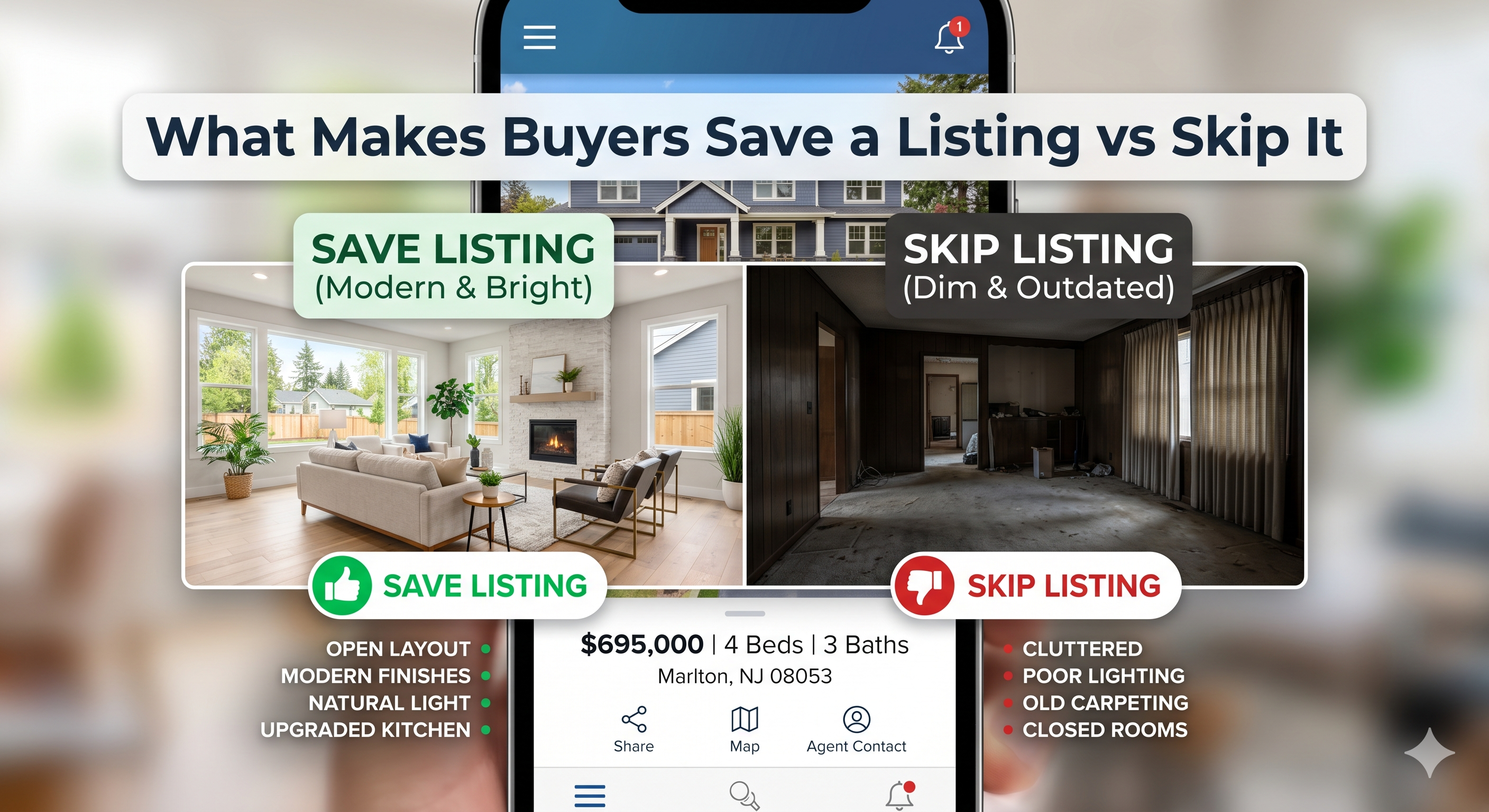 New Jersey home listing displayed on a smartphone with two contrasting property images—one bright modern living room and one dim outdated interior—illustrating the decision between saving or skipping a listing, overlaid with the text: “What Makes Buyers Save a Listing vs Skip It”