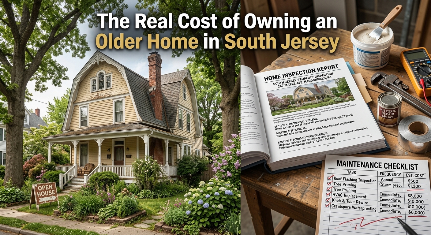 A charming older South Jersey home with mature trees and established landscaping, alongside a home inspection report, repair tools, and maintenance checklist illustrating the real costs of owning an older home, overlaid with the text: “The Real Cost of Owning an Older Home in South Jersey.”