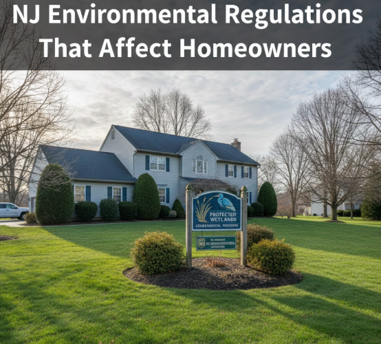 A New Jersey suburban home with green landscaping and a visible sign for wetlands or environmental protection in the yard overlaid with text:NJ Environmental Regulations That Affect Homeowners