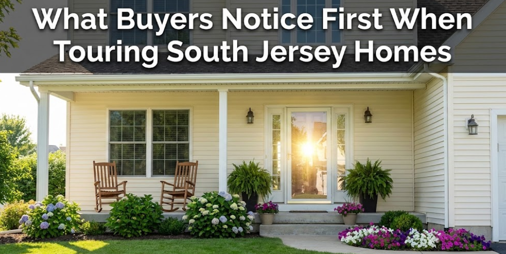Suburban South Jersey home with a welcoming front porch, manicured lawn, and bright entryway, viewed during a sunny day overlaid with text: What Buyers Notice First When Touring South Jersey Homes