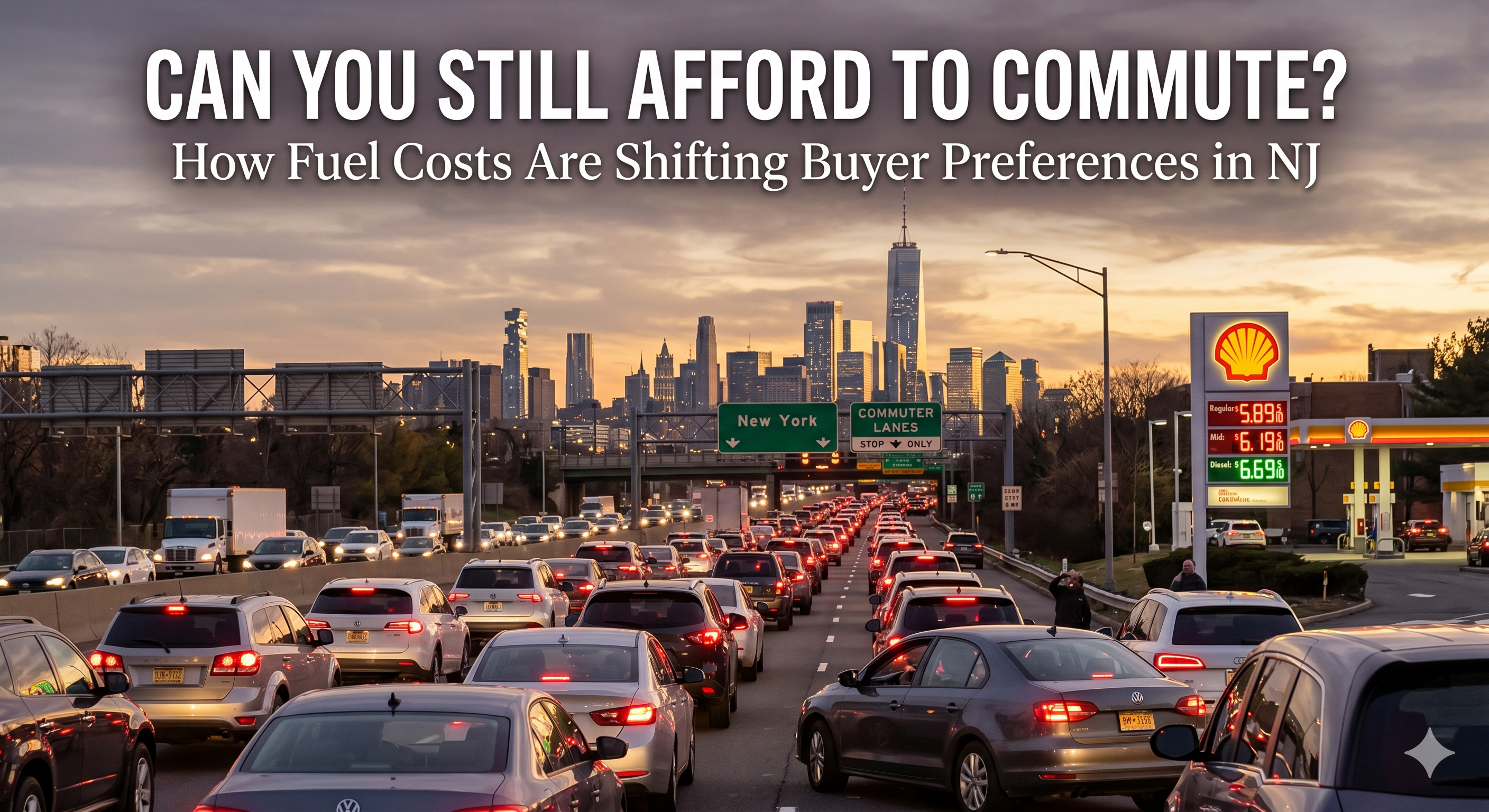 New Jersey highway during rush hour with cars heading toward a city skyline, gas price sign visible in the background, illustrating how fuel costs influence commuting decisions in real estate, overlaid with the text: “Can You Still Afford to Commute? How Fuel Costs Are Shifting Buyer Preferences in NJ”