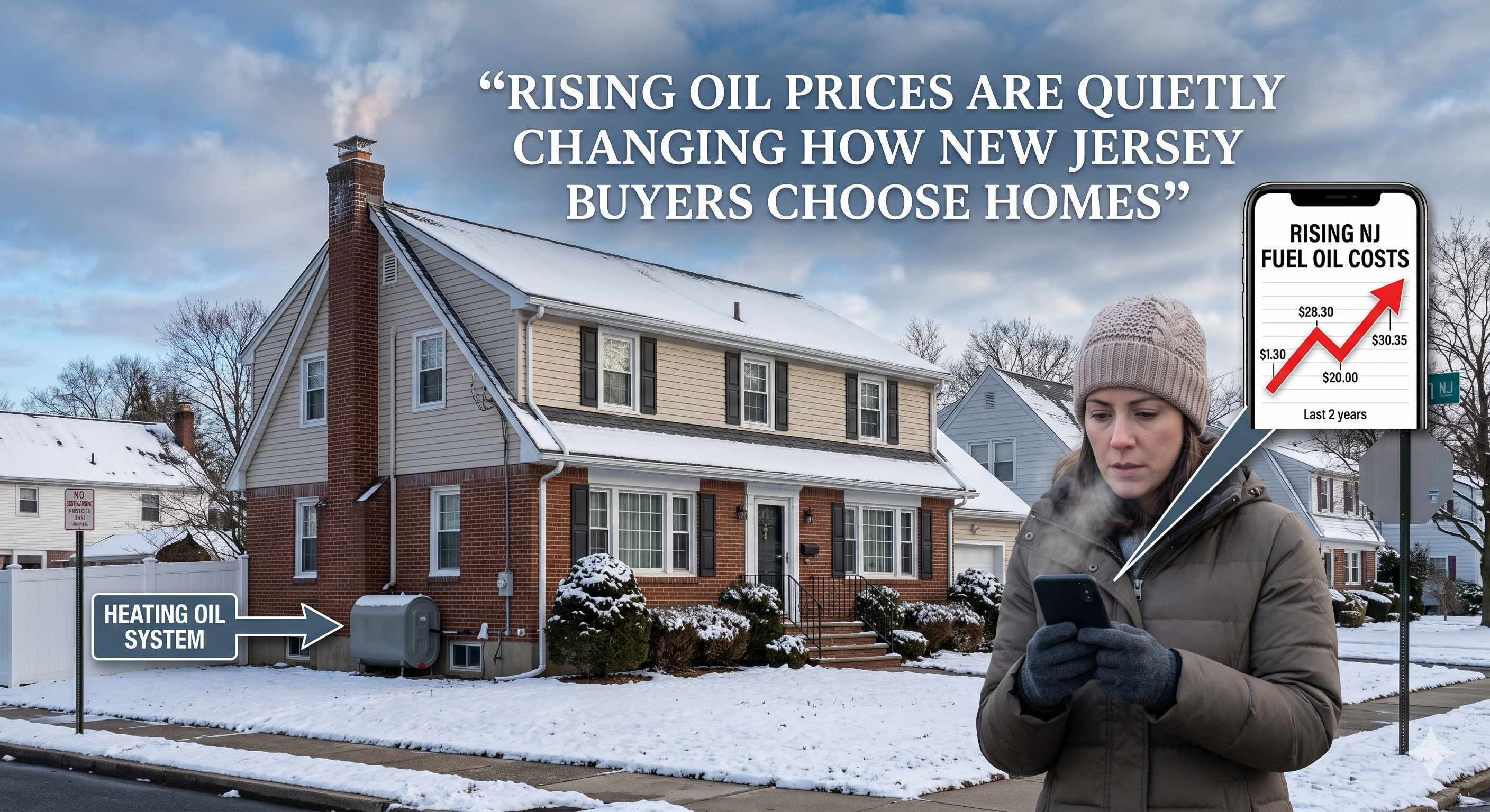 Suburban New Jersey home in winter with visible heating system and chimney, overlaid with rising fuel cost graph on a smartphone screen, illustrating how oil prices influence home buying decisions, with text: “Rising Oil Prices Are Quietly Changing How New Jersey Buyers Choose Homes”