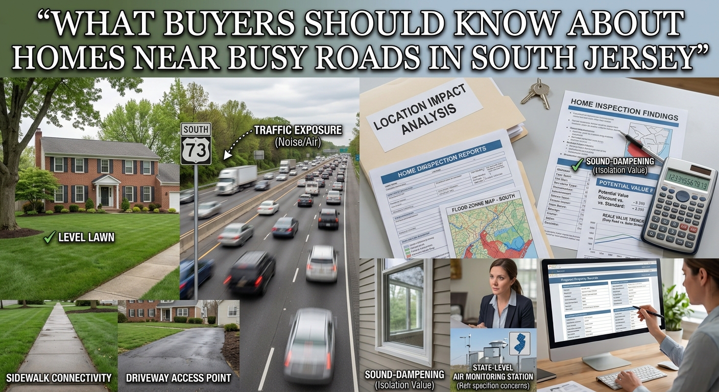South Jersey home located along a busy roadway with passing traffic, driveway access, trees, sidewalks, and nearby neighborhood homes, overlaid with the text: “What Buyers Should Know About Homes Near Busy Roads in South Jersey”