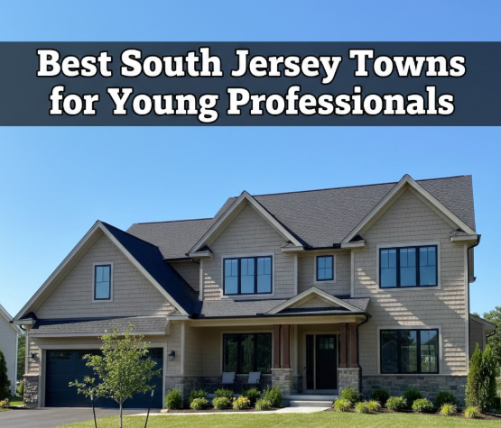 Modern two-story South Jersey suburban home with tan siding and an attached garage, set against a clear blue sky, overlaid with the text: Best South Jersey Towns for Young Professionals