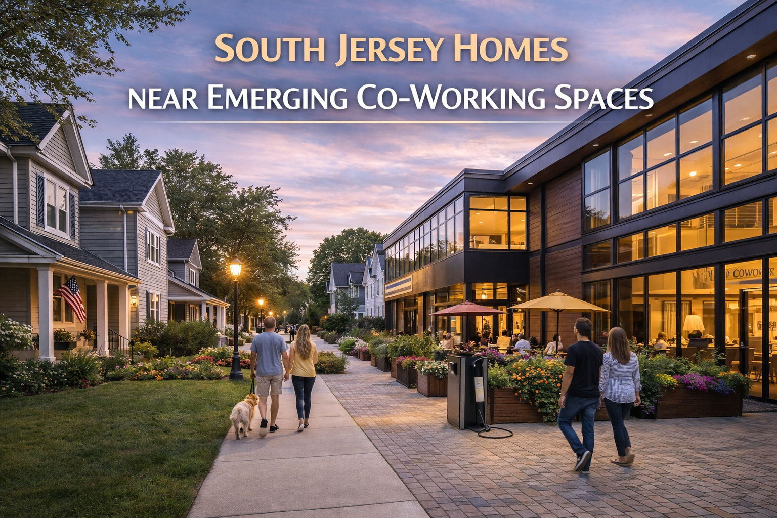 South Jersey homes located near a modern co-working space, showcasing walkable streets and lifestyle-driven housing demand with Overlay Text: “SOUTH JERSEY HOMES NEAR EMERGING CO-WORKING SPACES”