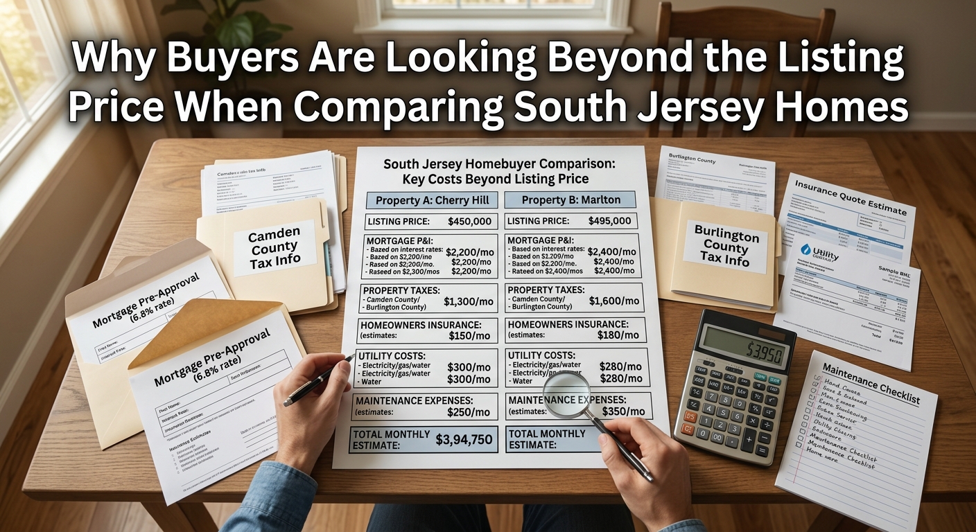 South Jersey homebuyers comparing two properties alongside a calculator, mortgage documents, property tax information, insurance estimates, utility costs, and maintenance expenses, illustrating why buyers look beyond listing price when comparing homes, overlaid with the text: “Why Buyers Are Looking Beyond the Listing Price When Comparing South Jersey Homes.” 