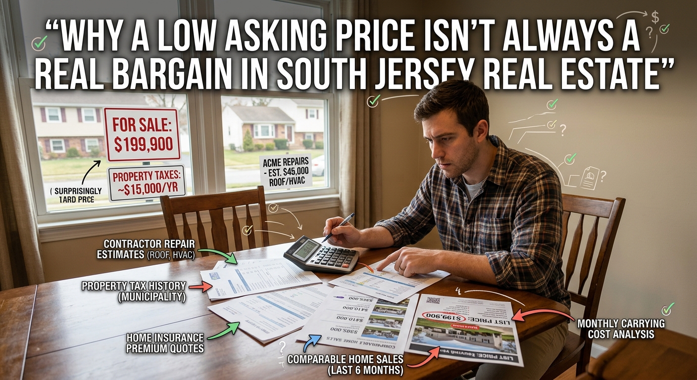 South Jersey home listed at a surprisingly low asking price with a buyer comparing repair costs, property taxes, insurance, and comparable home prices on a calculator and documents, overlaid with the text: “Why a Low Asking Price Isn’t Always a Real Bargain in South Jersey Real Estate”