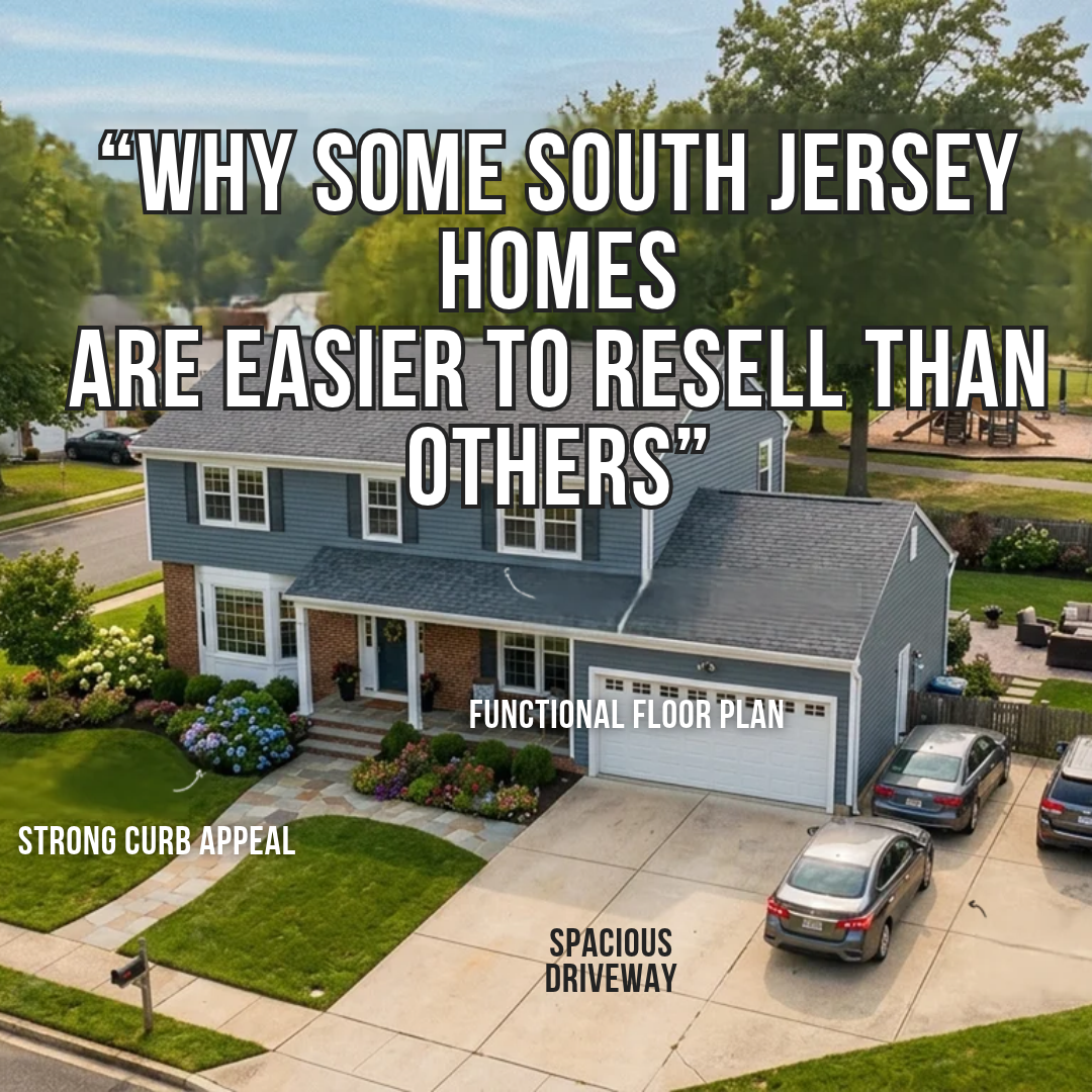 South Jersey home with strong curb appeal, functional floor plan, spacious driveway, landscaped yard, and nearby neighborhood amenities, illustrating the features that can make some homes easier to resell than others, overlaid with the text: “Why Some South Jersey Homes Are Easier to Resell Than Others”