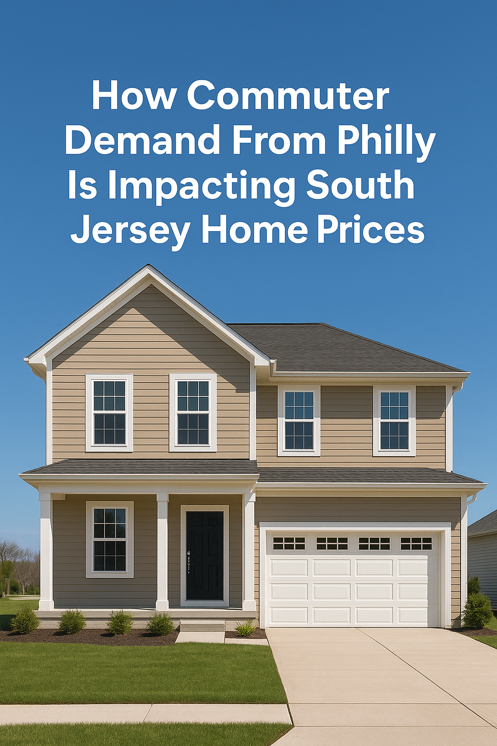 Modern two-story South Jersey suburban home with tan siding and an attached garage, set against a clear blue sky, overlaid with the text: How Commuter Demand From Philly Is Impacting South Jersey Home Prices