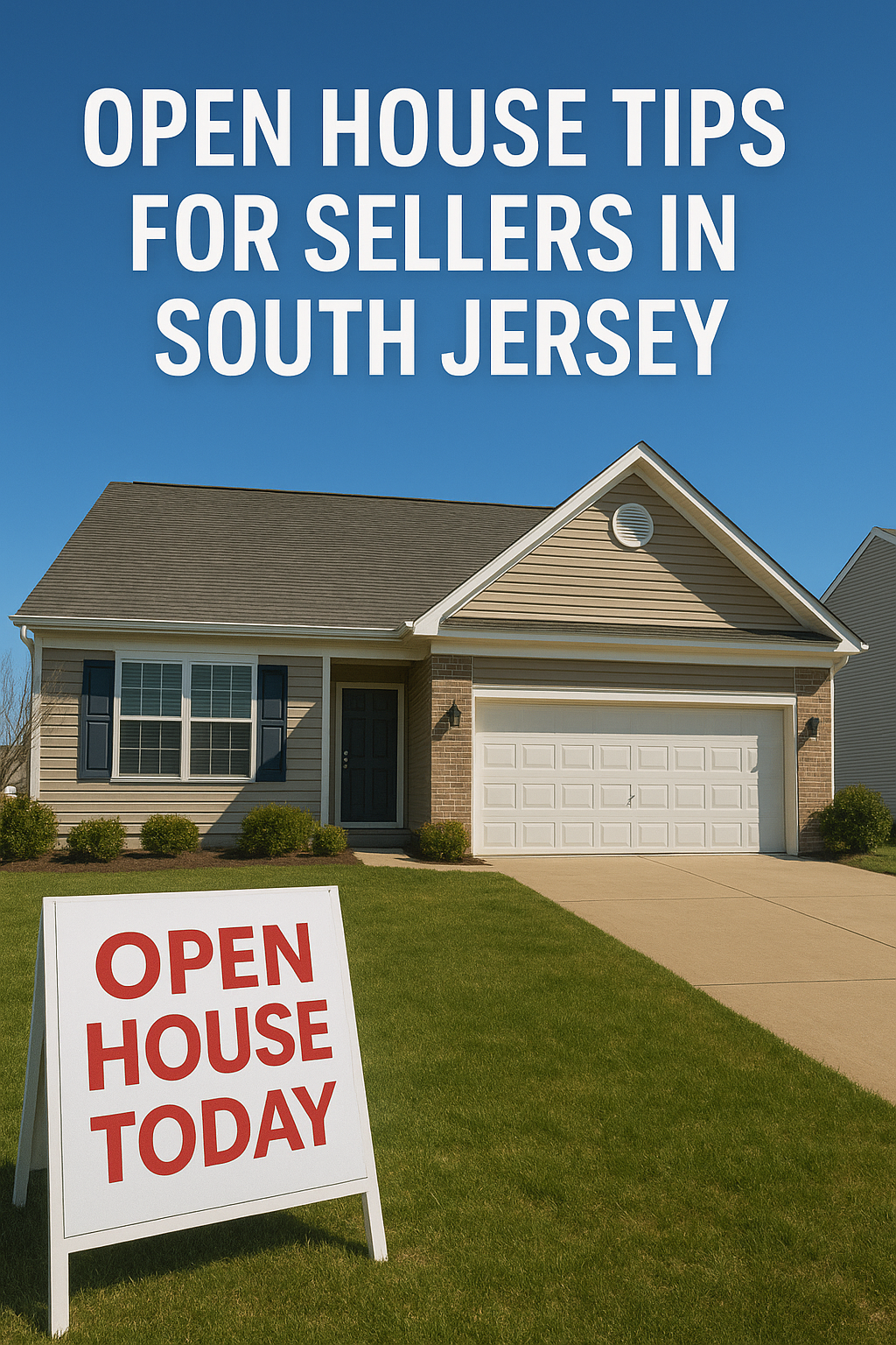 Staged South Jersey home with “Open House Today” sign, set against a clear blue sky, overlaid with the text: “OPEN HOUSE TIPS FOR SELLERS IN SOUTH JERSEY”