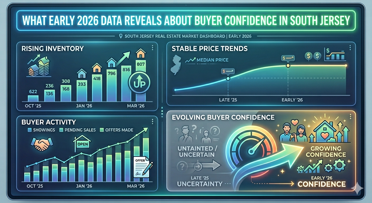  South Jersey real estate market dashboard showing rising inventory, stable price trends, and buyer activity charts, symbolizing evolving buyer confidence in early 2026 housing conditions, overlaid with the text: “What Early 2026 Data Reveals About Buyer Confidence in South Jersey” 