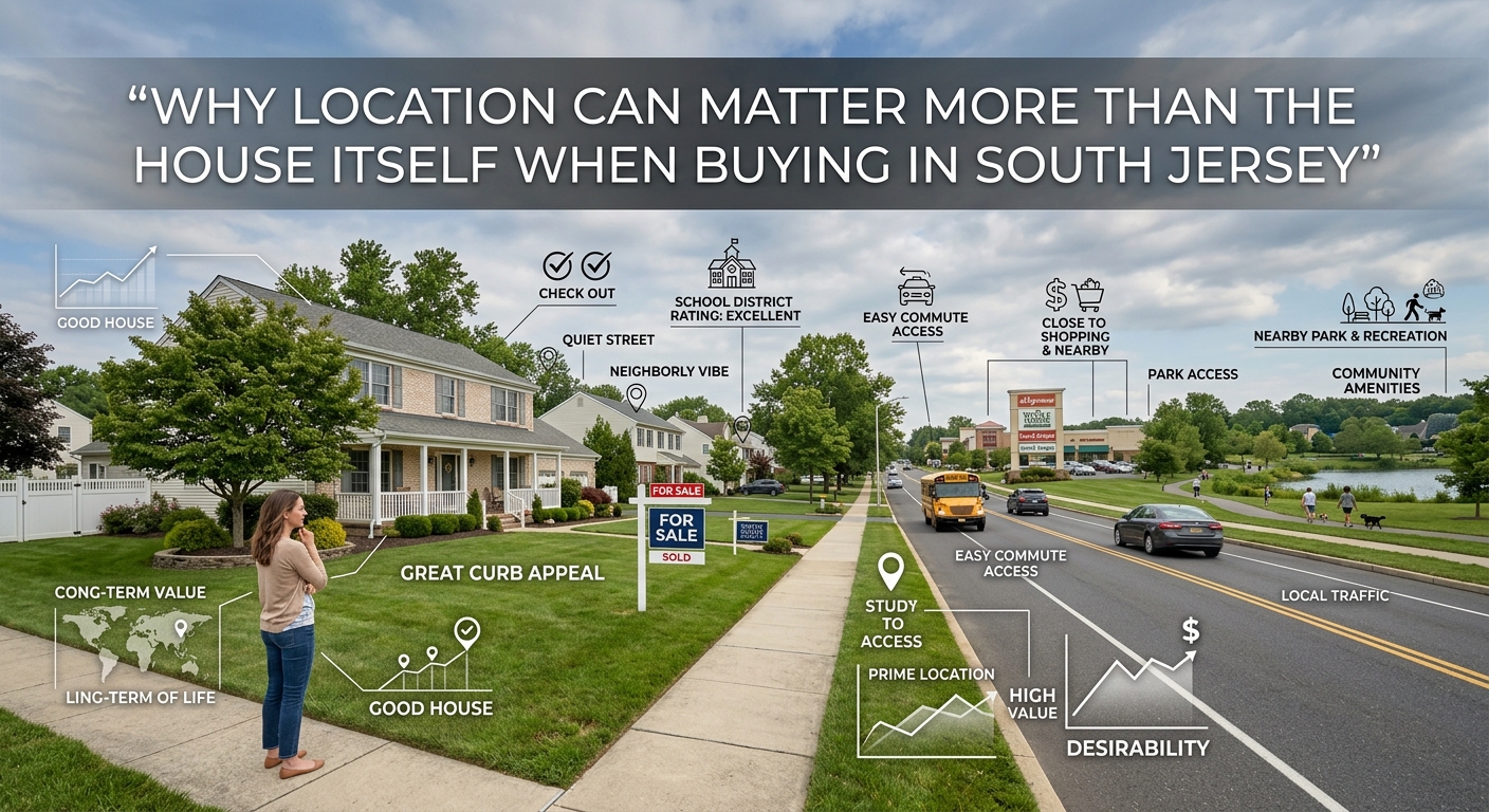 South Jersey homebuyer comparing a beautiful house with surrounding neighborhood streets, nearby roads, shopping, parks, and community amenities to illustrate why location can matter more than the house itself when buying in South Jersey, overlaid with the text: “Why Location Can Matter More Than the House Itself When Buying in South Jersey