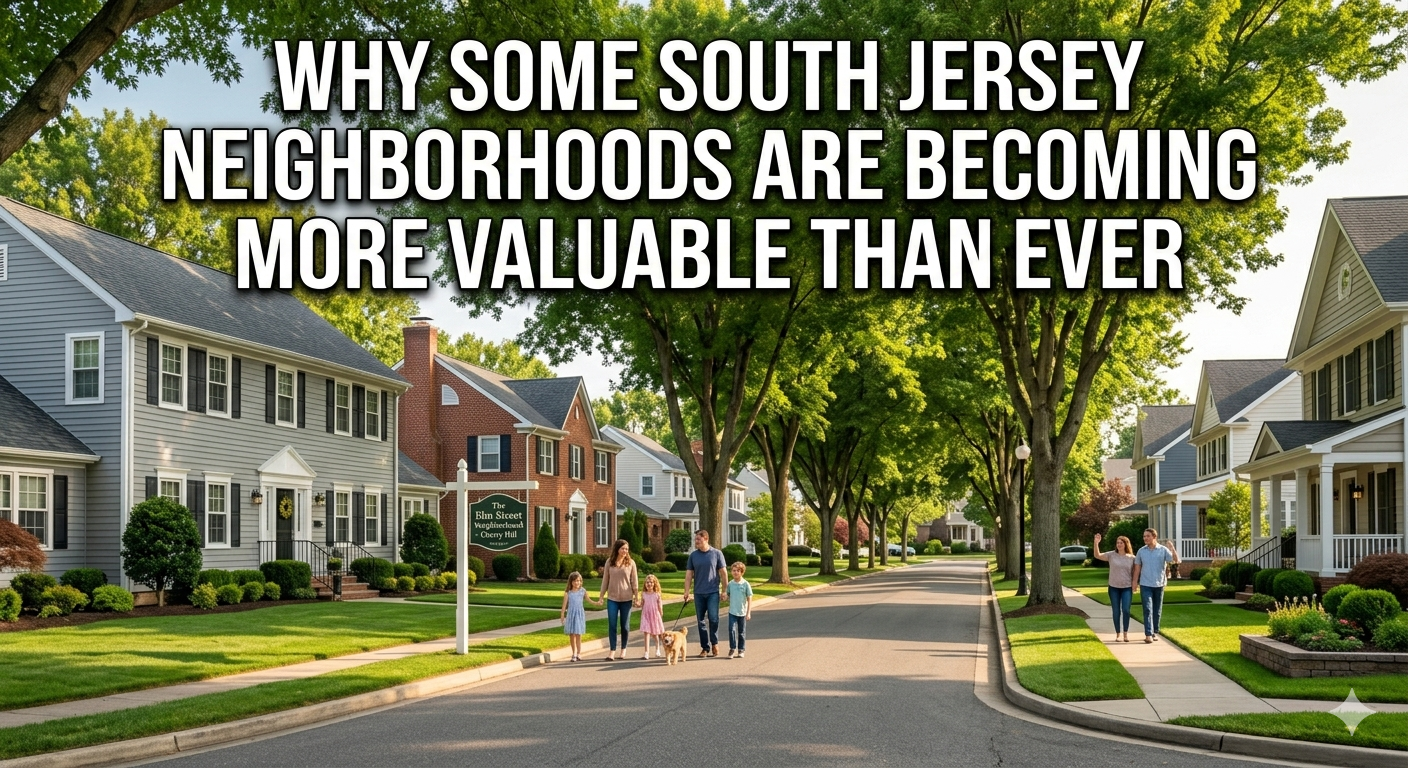 South Jersey suburban neighborhood with well-maintained homes, tree-lined streets, and families walking, illustrating rising property values driven by lifestyle demand and neighborhood desirability, overlaid with the text: “Why Some South Jersey Neighborhoods Are Becoming More Valuable Than Ever” 