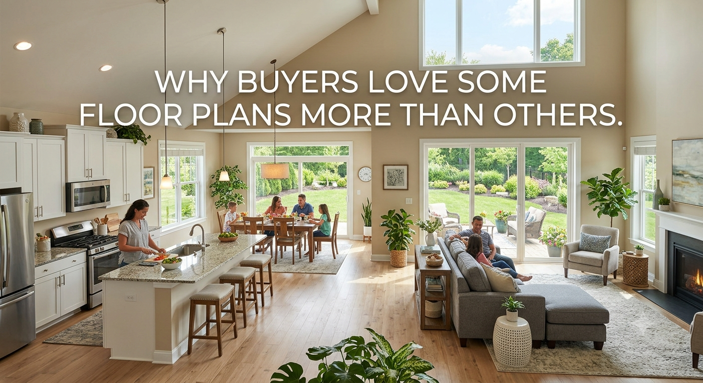 Bright open-concept South Jersey home featuring a connected kitchen, dining, and living area with abundant natural light and an easy-flow floor plan, illustrating why buyers love certain floor plans more than others, overlaid with the text: “Why Buyers Love Some Floor Plans More Than Others.” 