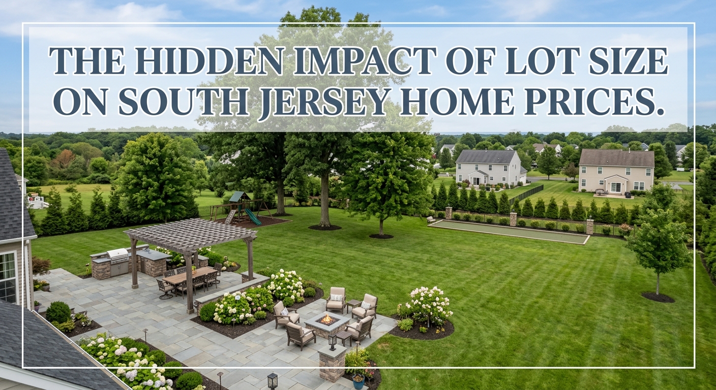 A South Jersey home with a spacious, well-maintained backyard, mature trees, patio, and neighboring properties visible in the distance, illustrating how lot size and usable outdoor space can influence home prices and buyer appeal, overlaid with the text: “The Hidden Impact of Lot Size on South Jersey Home Prices.”