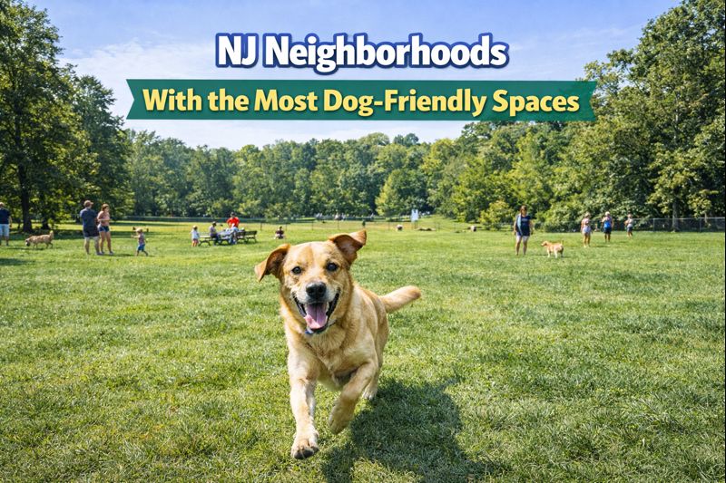 A happy dog running in a South Jersey park with leash-free areas and green space, families enjoying the surroundings OVERLAID WITH NJ Neighborhoods With the Most Dog-Friendly Spaces